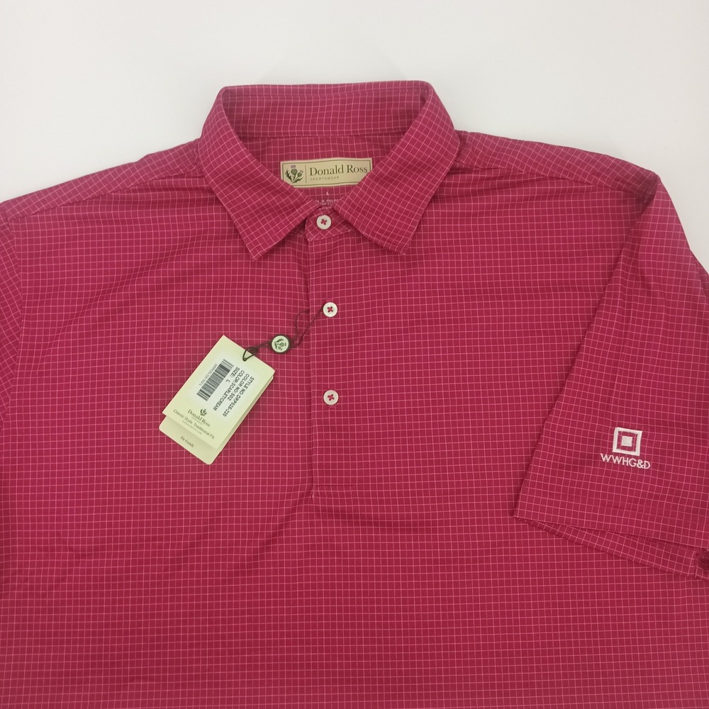 Donald Ross Sportswear Mens Scarlet Red Cream Micro Check Golf Polo Large NWT